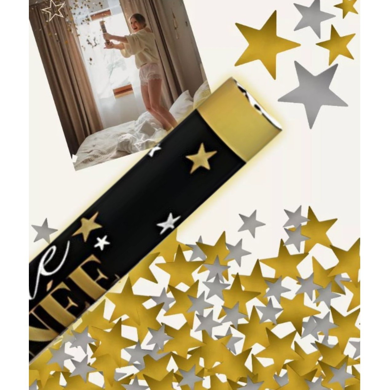 Cadouri și petreceri - Tub de Confetti, Flippy, Bonne Annee, 30x5 cm, Confetii Stelute din Aluminiu, Auriu/Argintiu
