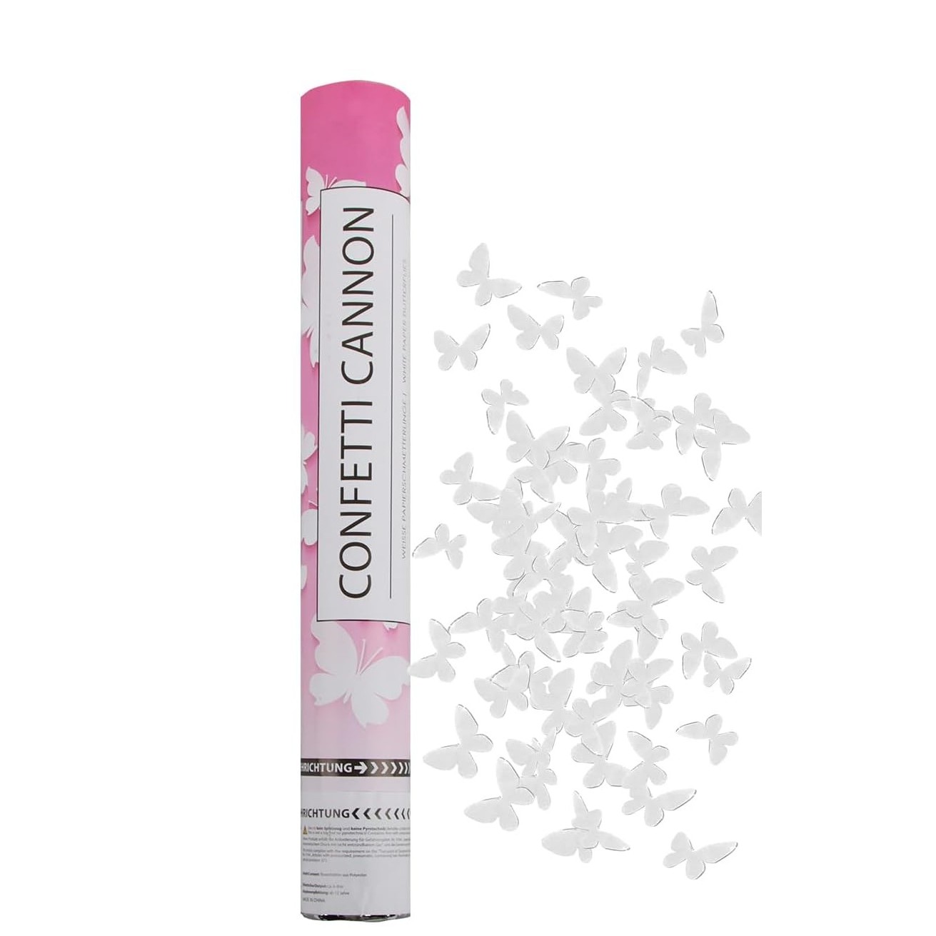Cadouri și petreceri - Tun de Confetti, Flippy, Confetti Cannon 40 cm, Model Fluturi din Hartie, Alb