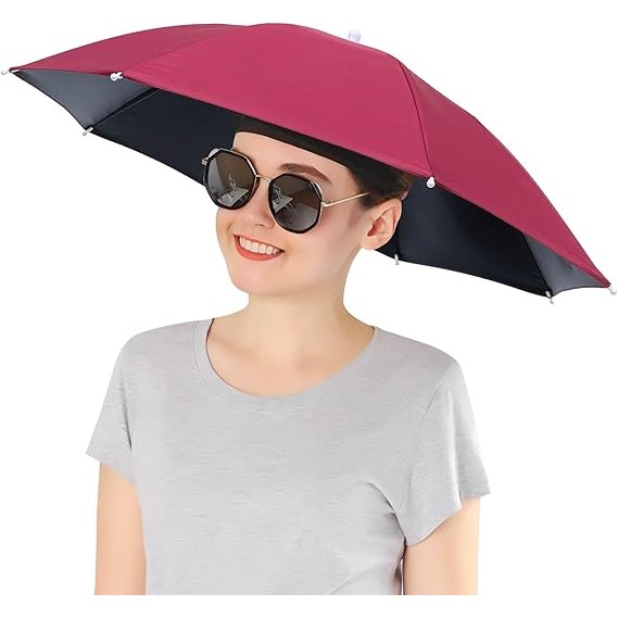 Umbrela de Cap, Flippy, Diametru 69 cm, Banda Elastica de Cap, Protectie UV/Ploaie, Rosu Inchis [2]