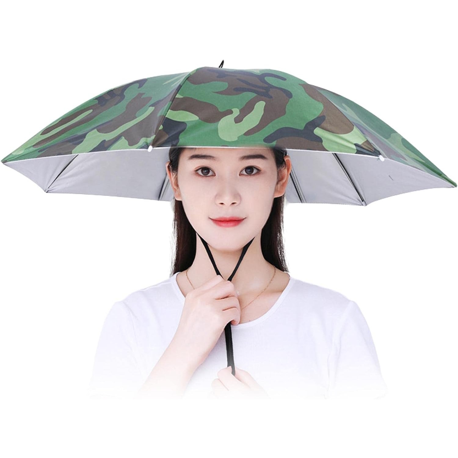 Încălțăminte și accesorii vestimentare - Umbrela de Cap, Flippy, Diametru 69 cm, Snur Reglabil de Cap, Protectie UV/Ploaie, Camuflaj