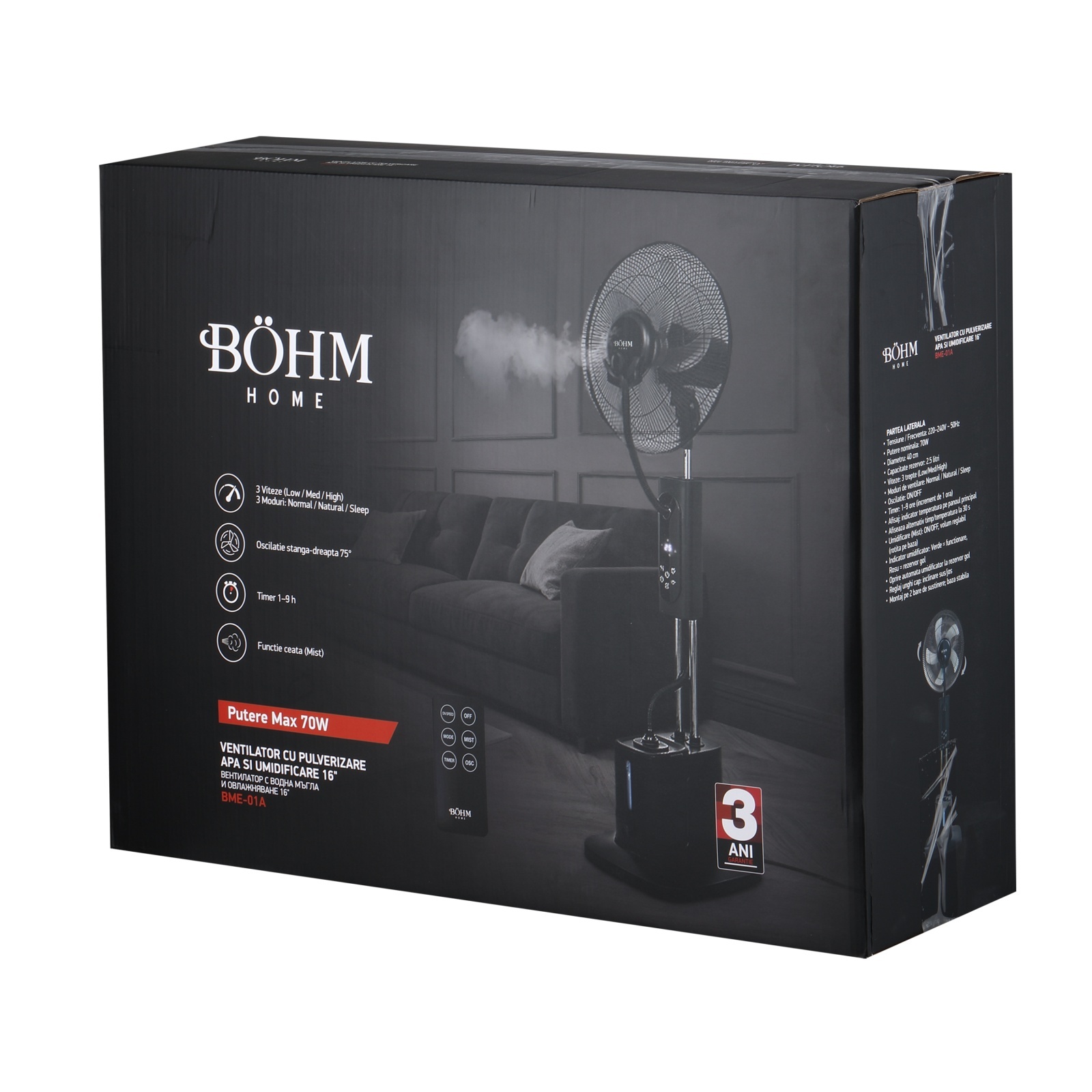 Ventilator cu pulverizare apa si umidificare 16" BoHM BME-01A, 70W, 3 trepte de viteza, 3 moduri ventilare [5]