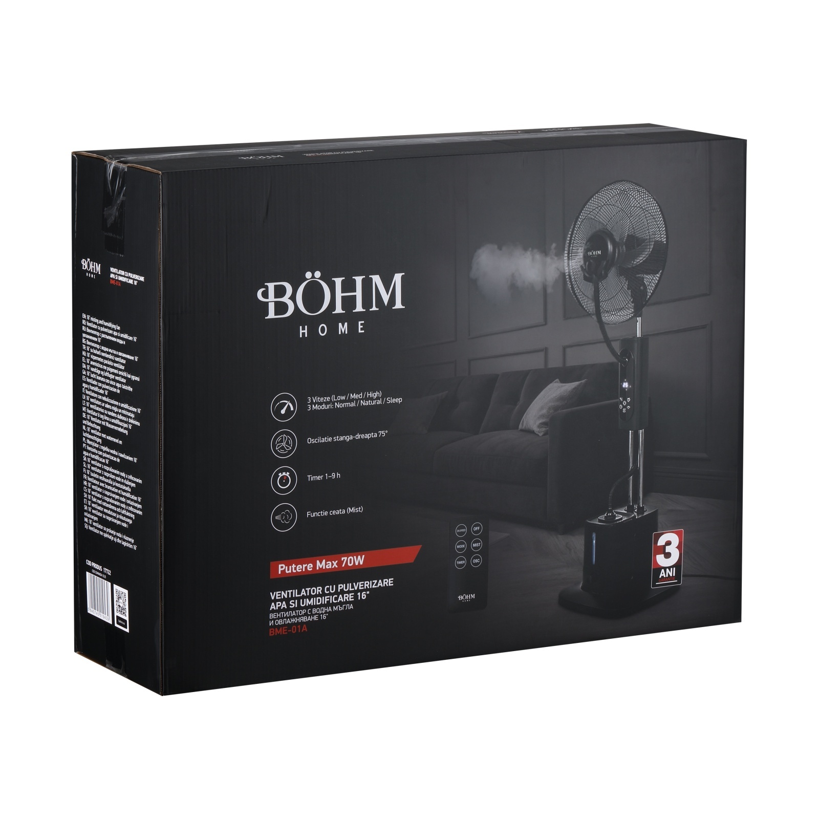 Ventilator cu pulverizare apa si umidificare 16" BoHM BME-01A, 70W, 3 trepte de viteza, 3 moduri ventilare [6]