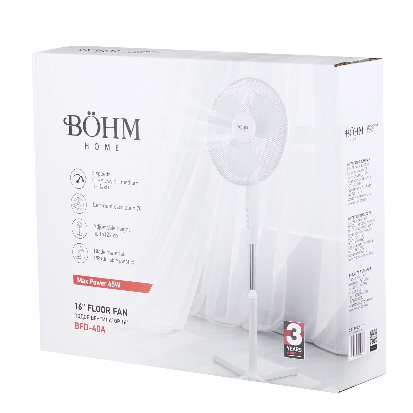 Ventilator de podea 16" BoHM BFD-40A, 45W, 3 trepte de viteza [4]