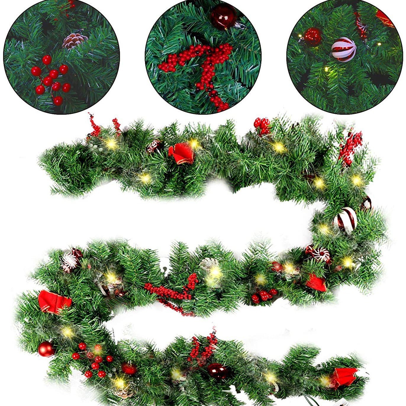 Pentru Casa si Camping - Ghirlanda de Craciun, Flippy, din Brad Artificial cu Decoratiuni, cu Baterii, 50 LED-uri, 270 cm, Verde