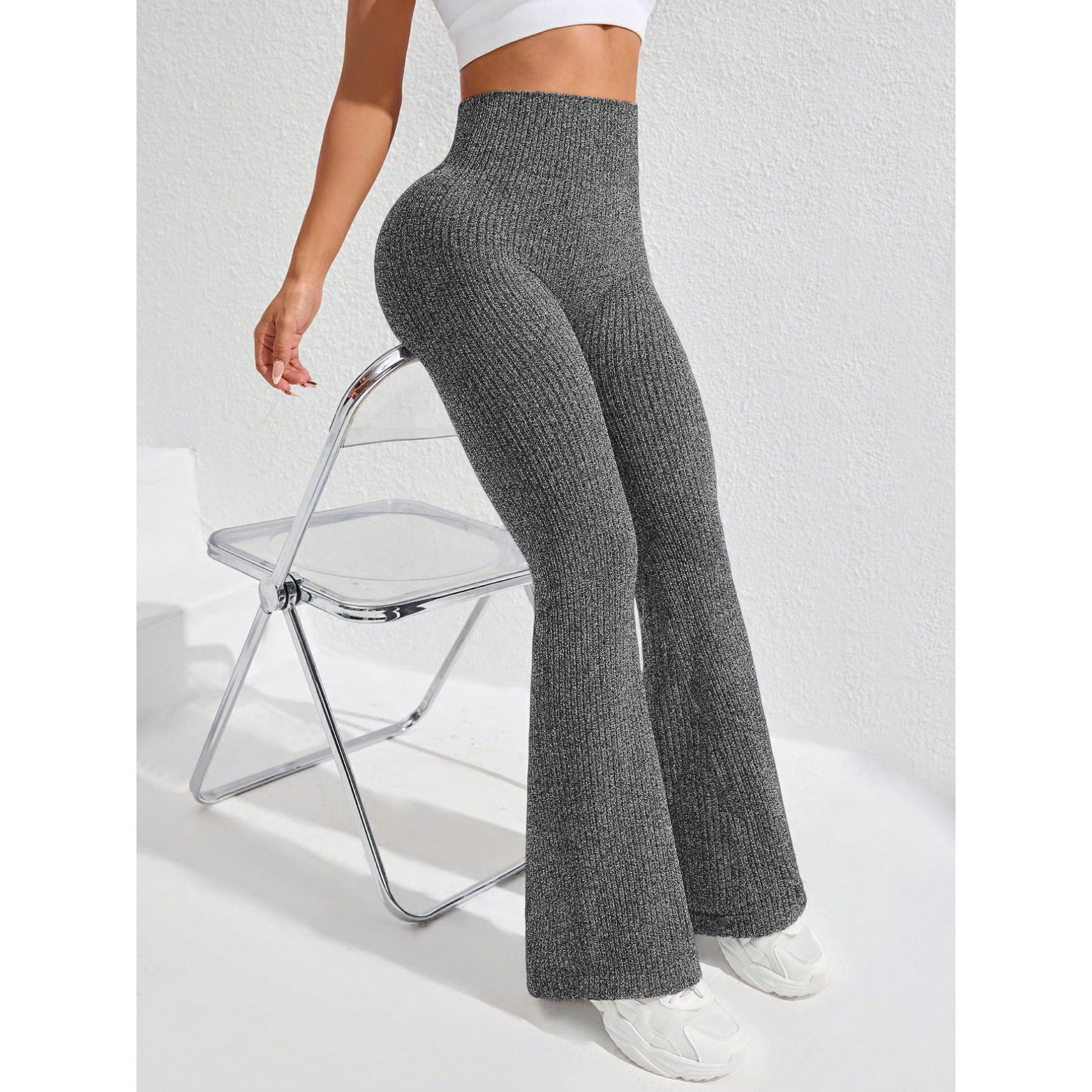 Pantaloni Sport de Dama, Flippy, pentru Yoga, Talie Inalta, Evazati, Tricotati, Gri Inchis, Marime M [1]