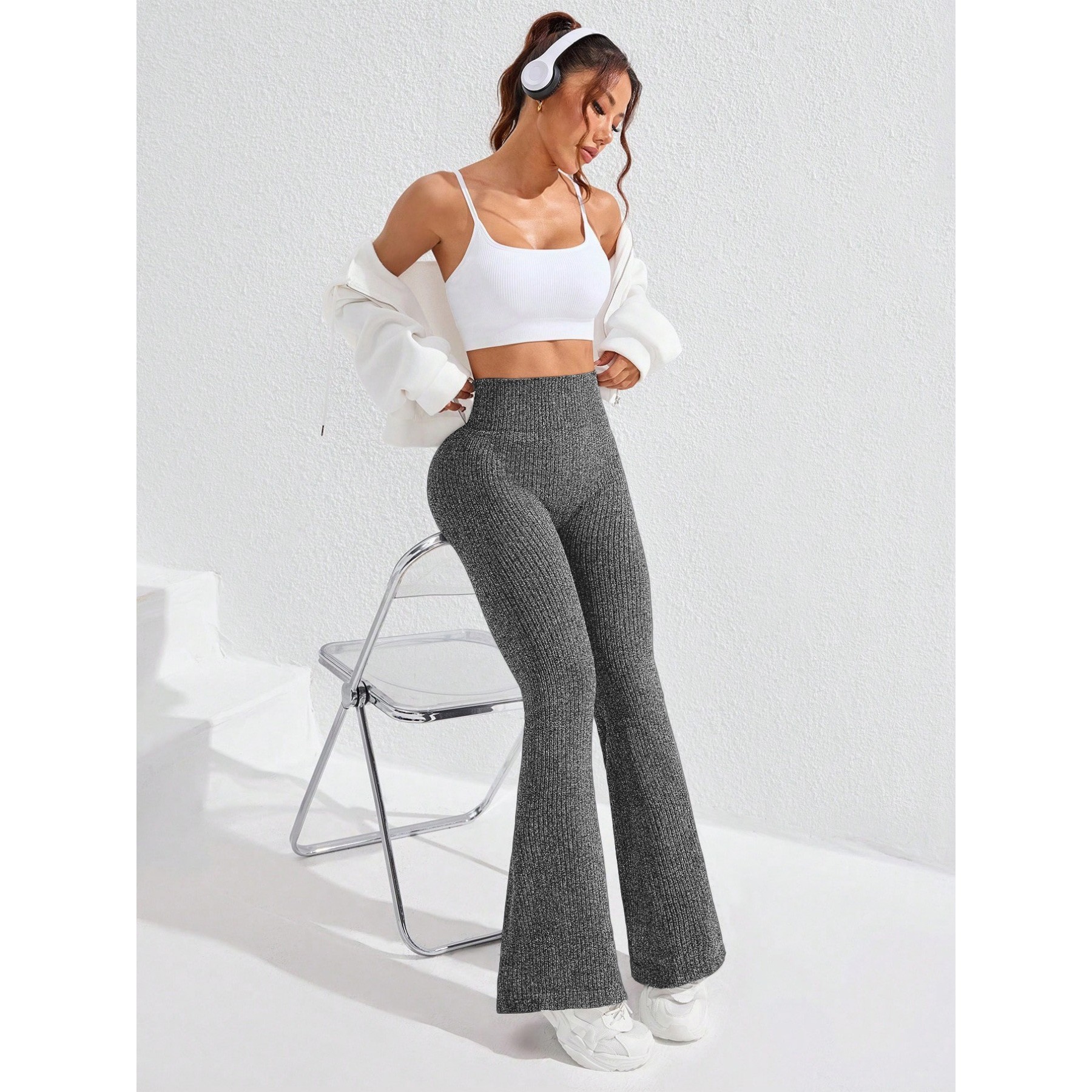 Pantaloni Sport de Dama, Flippy, pentru Yoga, Talie Inalta, Evazati, Tricotati, Gri Inchis, Marime XS [4]