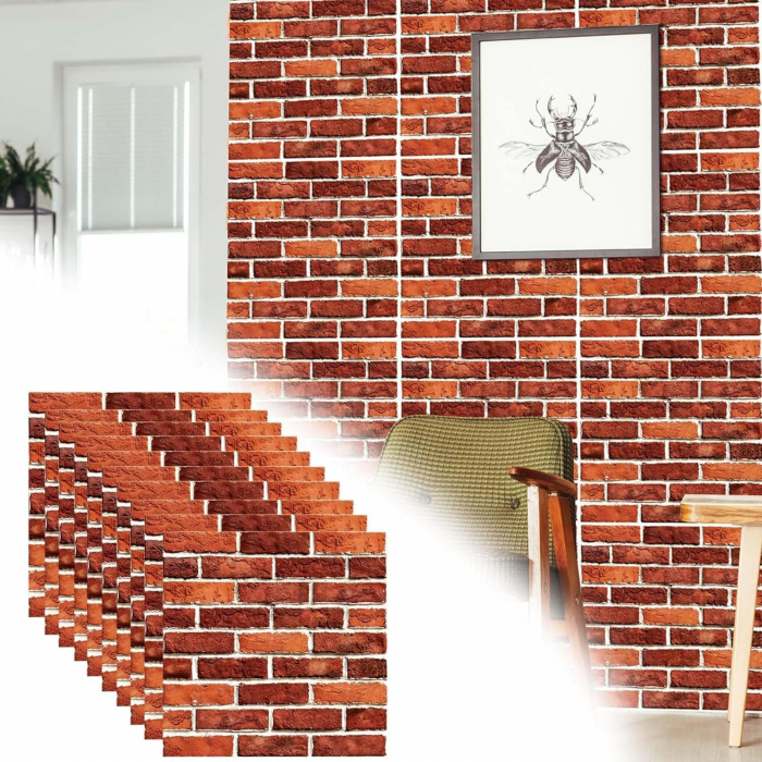 10 x Placi Tapet Autocolant 3D cu Imitatie de Caramida, pentru Perete Bucatarie Sufragerie, Usor de Curatat, Rezistent la Apa, Autoadeziv, 30x30 cm, Rosu [8]