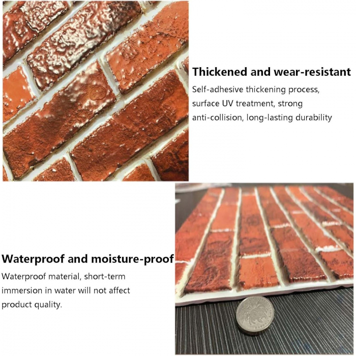 10 x Placi Tapet Autocolant 3D cu Imitatie de Caramida, pentru Perete Bucatarie Sufragerie, Usor de Curatat, Rezistent la Apa, Autoadeziv, 30x30 cm, Rosu [5]