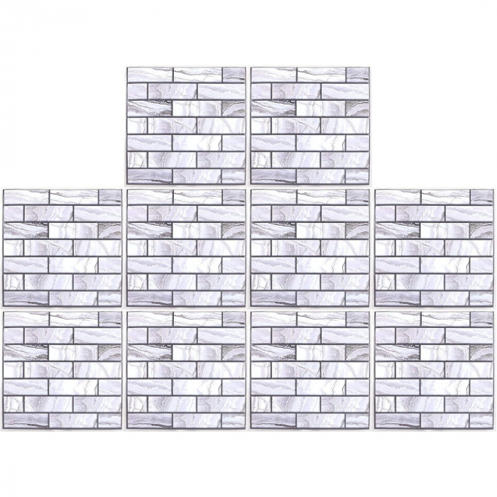 10 x Placi Tapet Autocolant 3D cu Imitatie de Marmura Dreptunghiulara, pentru Perete Bucatarie Sufragerie, Usor de Curatat, Rezistent la Apa, Autoadeziv, 30x30 cm, Gri [7]