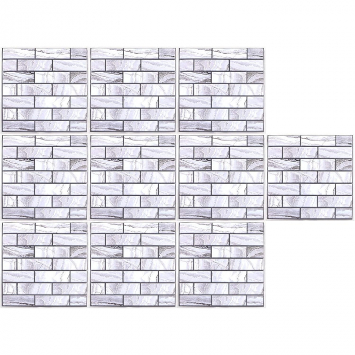 10 x Placi Tapet Autocolant 3D cu Imitatie de Marmura Dreptunghiulara, pentru Perete Bucatarie Sufragerie, Usor de Curatat, Rezistent la Apa, Autoadeziv, 30x30 cm, Gri [6]