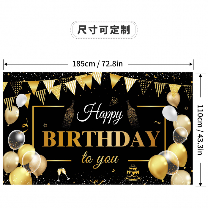 Banner Tip Fundal pentru Poze, Flippy, din Panza, Model Happy Birthday to You, 185 x 110 cm, Sfoara 6 m, Prindere in 4 Colturi, Negru/Auriu [1]