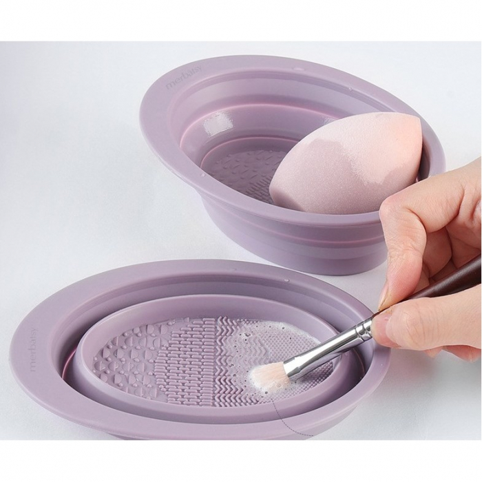 Accesoriu din silicon pentru curatarea accesoriilor makeup, pensule, buretei, 14.5 x 11,5 cm, 2 moduri de utilizare, pliabil, mov [4]