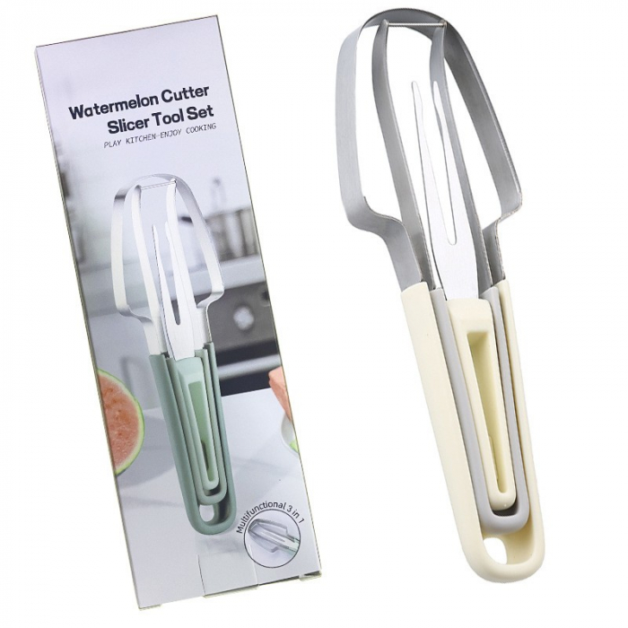 Taietor Decojitor pentru Pepene, Flippy, pentru Legume si Fructe, Multifunctional, Set din 3 Parti, Otel Inoxidabil si Plastic PP, 22.5 x 7 cm Galben [1]