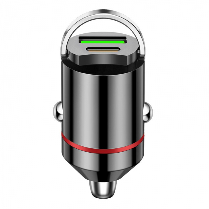 Adaptor Auto 2 in 1, Flippy, din Aliaj, Port TYPE-C, PORT USB, 100 W, Inel Metalic de Tragere, practic Invizibil, Incarcare Mega Rapida, Negru [1]