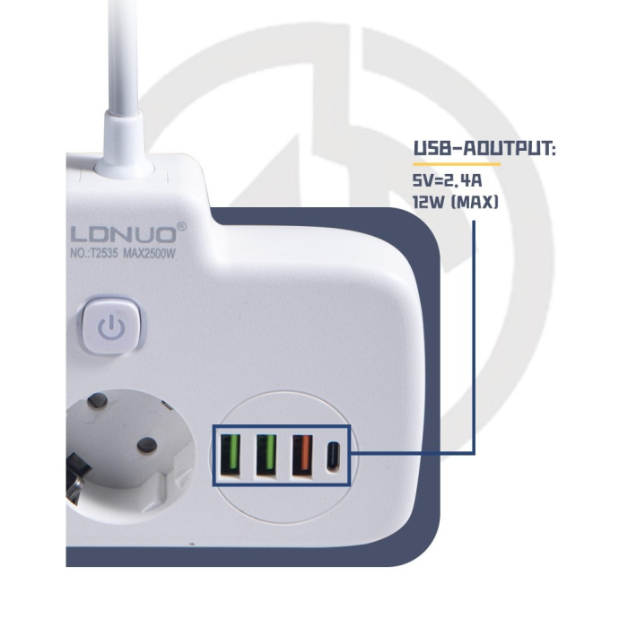 Adaptor Priza, Flippy, 6 in 1, 2 Prize Standard, 3 Porturi USB, 1 Port Tip C, Buton Oprire, 2500W, din PC, Alb [2]
