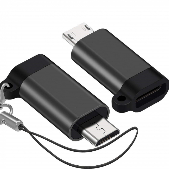 *LICHIDARE STOC* Adaptor Type C (mama) to micro USB (tata) cu Agatatoare Breloc inclusa, 2.5 cm lungime, Negru [4]