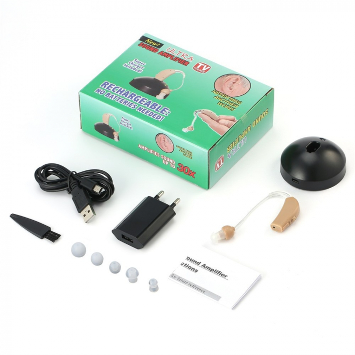 Aparat Auditiv BTE Reincarcabil, Flippy, JZ-1088F, Aparat Auditiv Auxiliar cu Statie de Incarcare, In EAR, Amplificator de Sunet, din ABS Silicon, Bej [5]