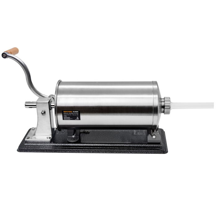 Aparat manual de facut carnati ROTOR RY-2010PA, orizontal, 5,5 kg, cuva rabatabila din inox alimentar, 4 palnii, fixare pe masa cu cleme [3]