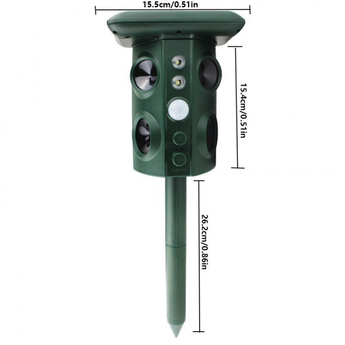 Aparat Solar LED cu Ultrasunete, Flippy, Repelent pentru Animale Mari si Mici, Lumina Rosie si Alba, Anti Rozatoare, Anti Insecte, Frecventa 13.5KHZ-45.5KHZ, Senzor PIR, 15.5 x 15.4 x 26.2 cm, Verde [7]