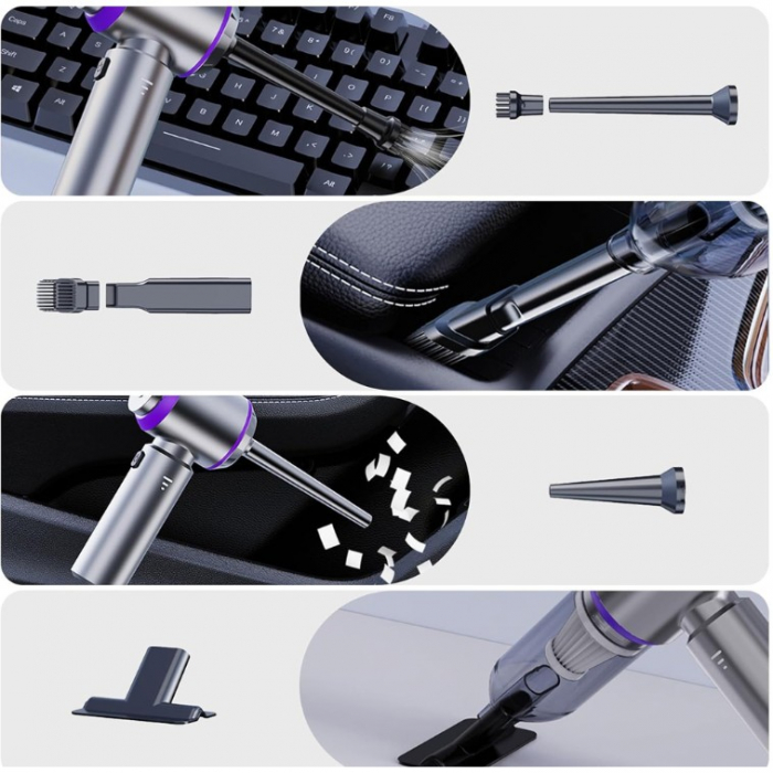 Aspirator Portabil Auto, Flippy, pentru Casa si Masina, 3 Viteze, Incarcator Tip-C cu Incarcare Rapida, Tub Prelungitor, 2000mAh, 7 Capete de Aspirare si Suflare, 21x20x6.5 cm, Argintiu Mov [3]