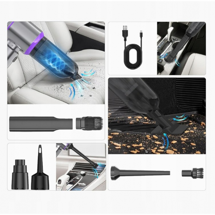 Aspirator Portabil Auto, Flippy, pentru Casa si Masina, 3 Viteze, Incarcator Tip-C cu Incarcare Rapida, Tub Prelungitor, 2000mAh, 7 Capete de Aspirare si Suflare, 21x20x6.5 cm, Argintiu Mov [4]