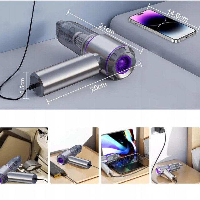 Aspirator Portabil Auto, Flippy, pentru Casa si Masina, 3 Viteze, Incarcator Tip-C cu Incarcare Rapida, Tub Prelungitor, 2000mAh, 7 Capete de Aspirare si Suflare, 21x20x6.5 cm, Argintiu Mov [6]