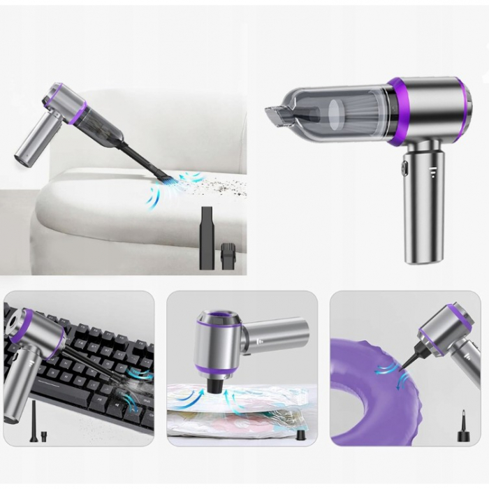 Aspirator Portabil Auto, Flippy, pentru Casa si Masina, 3 Viteze, Incarcator Tip-C cu Incarcare Rapida, Tub Prelungitor, 2000mAh, 7 Capete de Aspirare si Suflare, 21x20x6.5 cm, Argintiu Mov [5]