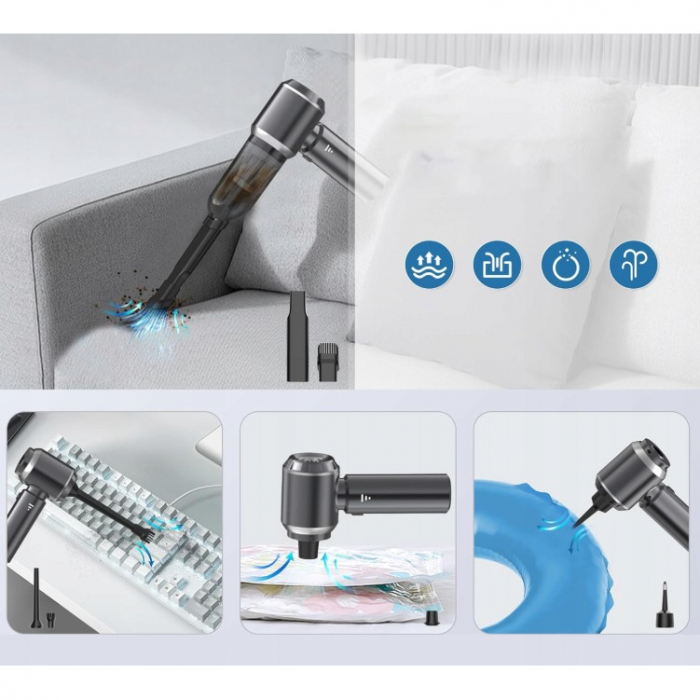 Aspirator Portabil Auto, Flippy, pentru Casa si Masina, 3 Viteze, Incarcator Tip-C cu Incarcare Rapida, Tub Prelungitor, 2000mAh, 7 Capete de Aspirare si Suflare, 21x20x6.5 cm, Negru [3]