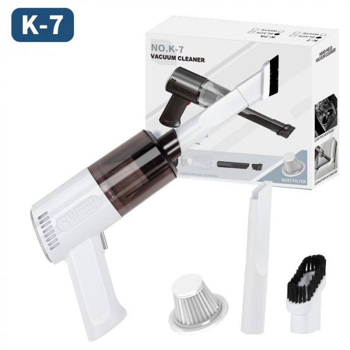 Aspirator Portabil Fara Fir, Flippy, Tip Pistol K7, Pentru Casa si Masina, Incarcare USB, Autonomie 30 Min, 36 x 17 cm, Alb [1]