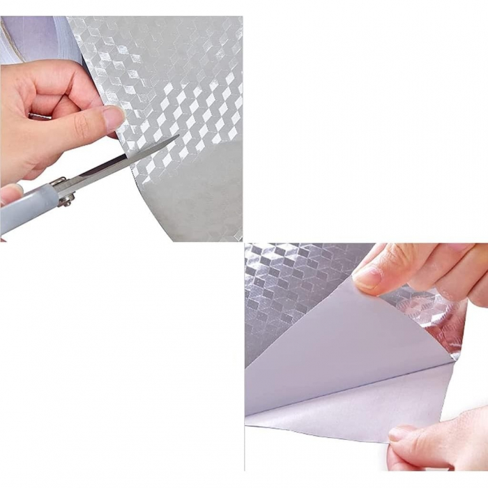 Lichidare Autocolant de Bucatarie, Flippy, Autoadeziv, Impermeabil, Rezistent la Temperaturi Ridicate, din PVC, 40 x 100 cm, Model Cub 3D, Argintiu [5]