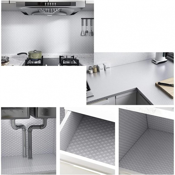 Autocolant de Bucatarie, Flippy, Autoadeziv, Impermeabil, Rezistent la Temperaturi Ridicate, din PVC, 40 x 300 cm, Model Cub 3D, Argintiu [4]