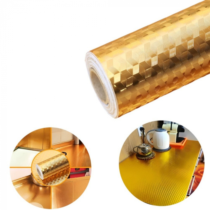 Autocolant de Bucatarie, Flippy, Autoadeziv, Impermeabil, Rezistent la Temperaturi Ridicate, din PVC, 60 x 100 cm, Model Cub 3D, Auriu [1]