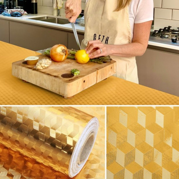 Autocolant de Bucatarie, Flippy, Autoadeziv, Impermeabil, Rezistent la Temperaturi Ridicate, din PVC, 60 x 100 cm, Model Cub 3D, Auriu [5]
