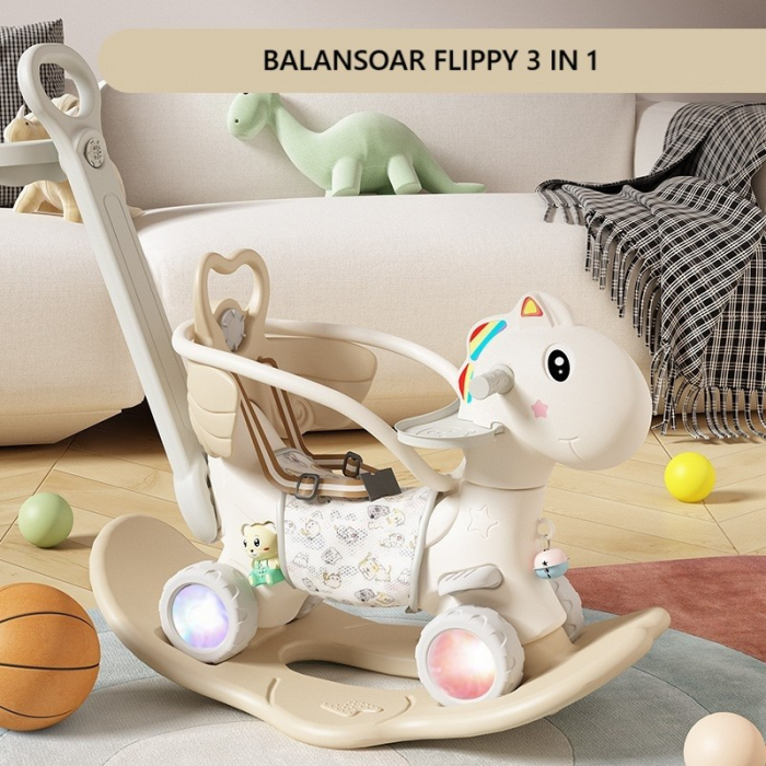 Balansoar pentru Copii, Flippy, 3in1, cu Spatar si Bara de Siguranta, Maner cu Cos de Basket, Tava de Masa, Roti Luminoase, 80 x 43 x 83 cm, din Plastic, + 3 Ani, Bej [2]