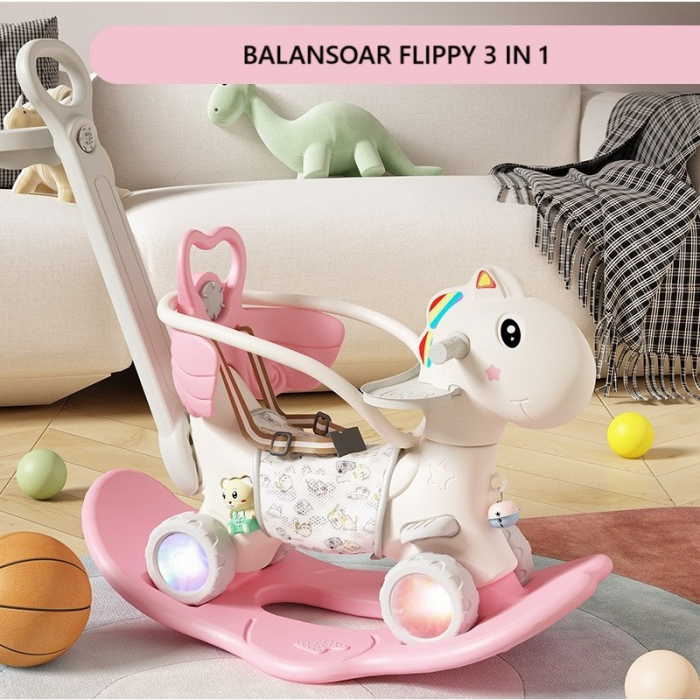 Balansoar pentru Copii, Flippy, 3in1, cu Spatar si Bara de Siguranta, Maner cu Cos de Basket, Tava de Masa, Roti Luminoase, 80 x 43 x 83 cm, din Plastic, + 3 Ani, Roz [2]