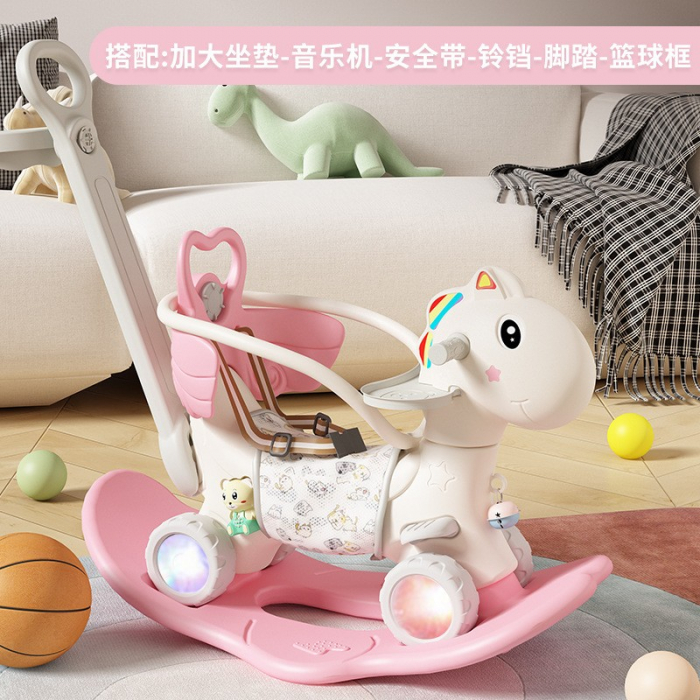 Balansoar pentru Copii, Flippy, 3in1, cu Spatar si Bara de Siguranta, Maner cu Cos de Basket, Tava de Masa, Roti Luminoase, 80 x 43 x 83 cm, din Plastic, + 3 Ani, Roz [1]