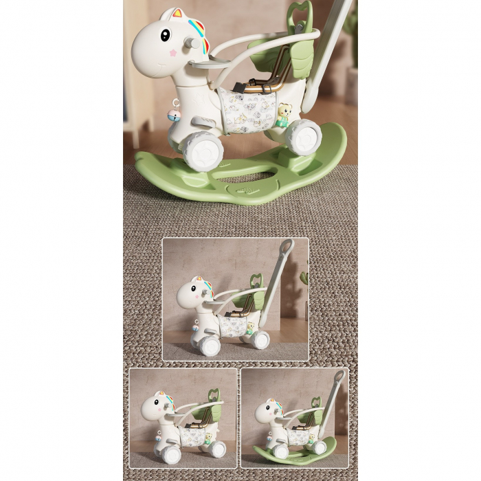 Balansoar pentru Copii, Flippy, 3in1, cu Spatar si Bara de Siguranta, Maner cu Cos de Basket, Tava de Masa, Roti Luminoase, 80 x 43 x 83 cm, din Plastic, + 3 Ani, Verde [5]