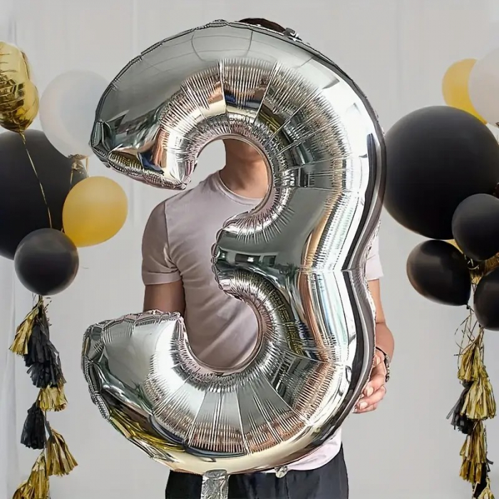 Balon din Folie Flippy, Cifra 3, 81 cm, Pentru Aer sau Heliu, Bulk, Argintiu [4]