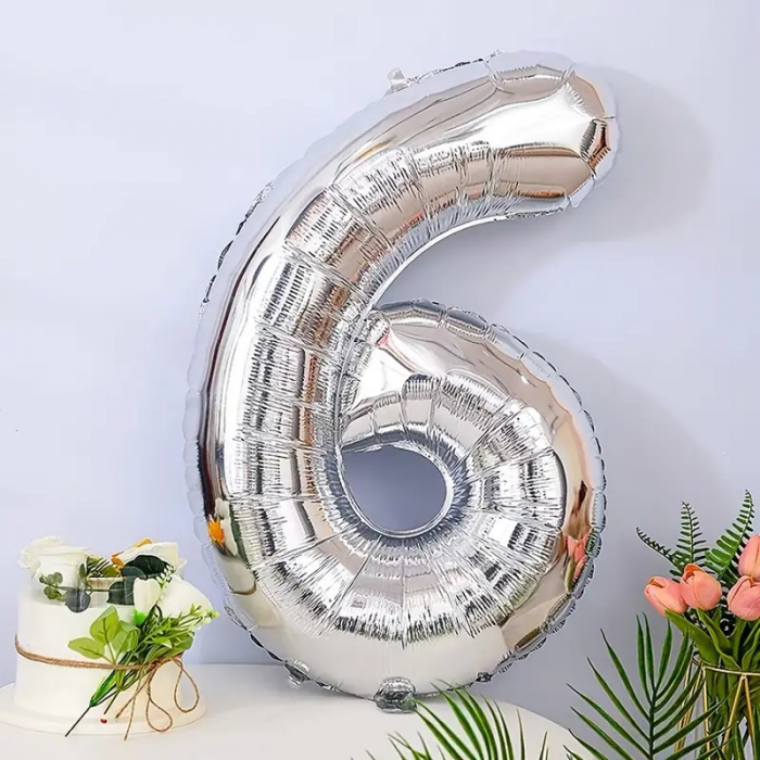 Balon din Folie Flippy, Cifra 6, 81 cm, Pentru Aer sau Heliu, Bulk, Argintiu [2]