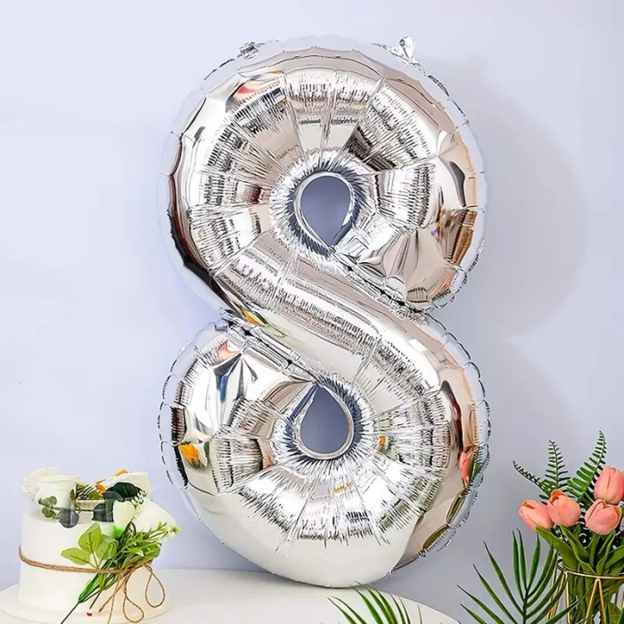 Balon din Folie Flippy, Cifra 8, 81 cm, Pentru Aer sau Heliu, Bulk, Argintiu [2]