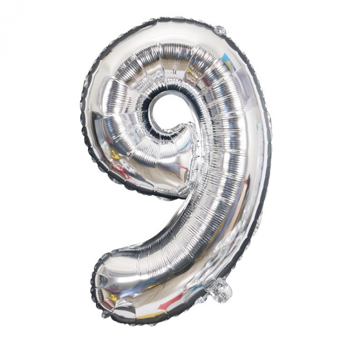 Balon din Folie Flippy, Cifra 9, 81 cm, Pentru Aer sau Heliu, Bulk, Argintiu [1]
