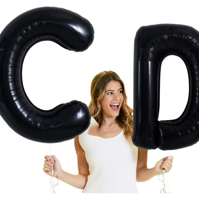 Balon din folie metalizata, 40 cm, Balon Folie Metalizata Litera D, Flippy, 40 cm, Umflati cu Heliu sau Aer, Ambalaj Individual, Pai inclus, Negru, Litera D [3]