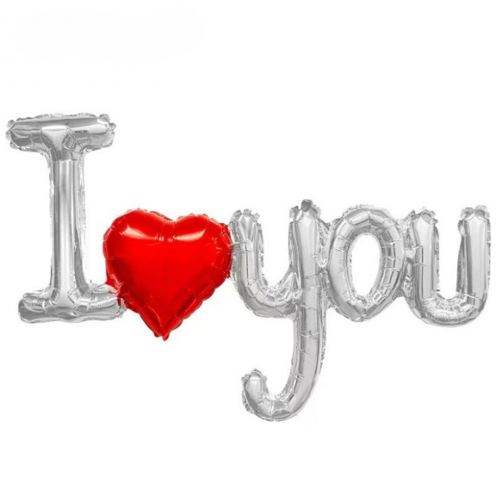 Balon din Folie Metalizata, Figurine Litere si Inima, Model I Love You, Tema Ziua Indragostitilor, 54x97 cm, Ambalaj Individual, Pai Inclus, Umflare cu Aer sau Heliu, Argintiu/Rosu [1]