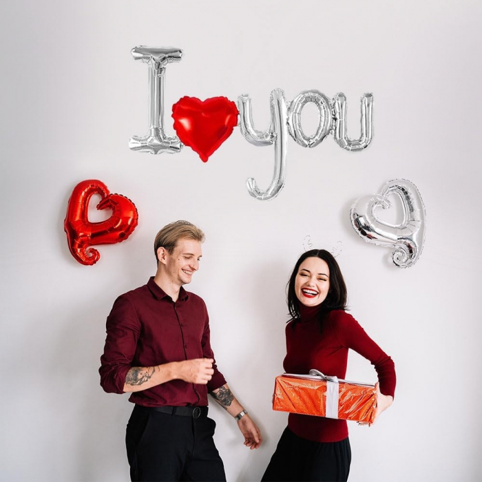 Balon din Folie Metalizata, Figurine Litere si Inima, Model I Love You, Tema Ziua Indragostitilor, 54x97 cm, Ambalaj Individual, Pai Inclus, Umflare cu Aer sau Heliu, Argintiu/Rosu [4]