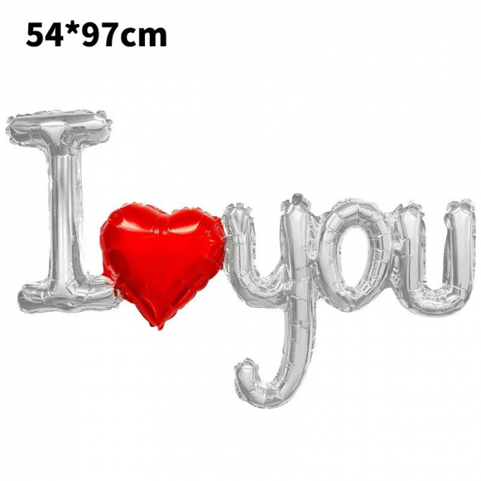 Balon din Folie Metalizata, Figurine Litere si Inima, Model I Love You, Tema Ziua Indragostitilor, 54x97 cm, Ambalaj Individual, Pai Inclus, Umflare cu Aer sau Heliu, Argintiu/Rosu [2]