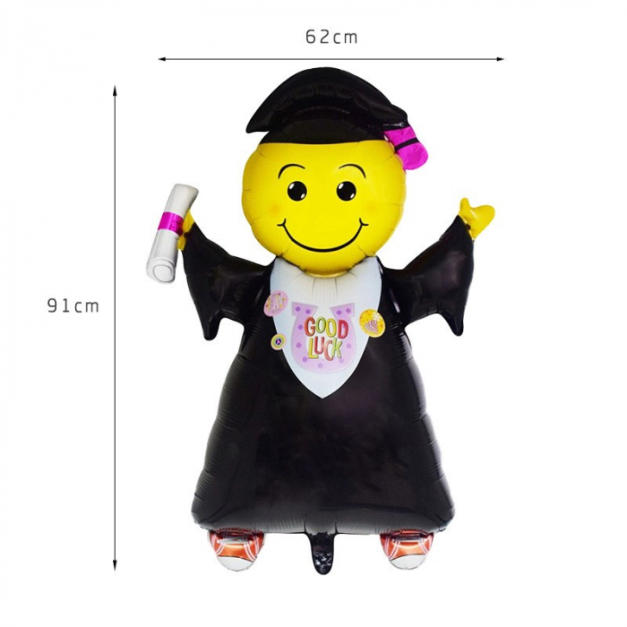 Balon din Folie Metalizata, Flippy, Figurina Absolvent, Tema Absolvire, 91x62 cm, Ambalaj Individual, Pai Inclus, Umflare cu Aer sau Heliu, Negru [2]