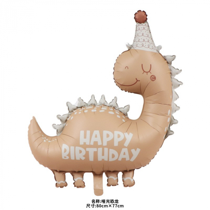 Balon din Folie Metalizata, Flippy, Figurina Animata, Model Dinozaur Happy Birthday, 80x77 cm, Ambalaj Individual, Pai Inclus, Umflare cu Aer sau Heliu, Maro [1]