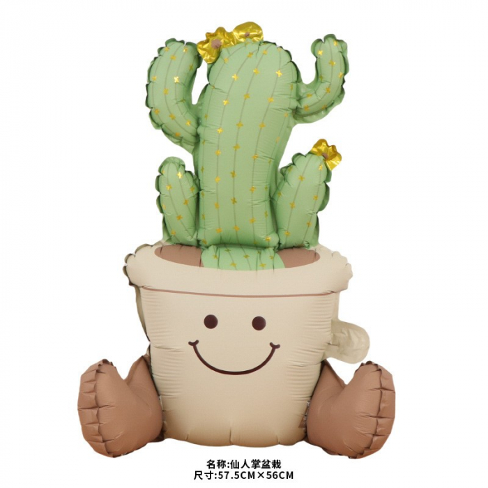 Balon din Folie Metalizata, Flippy, Figurina Animata, Model Ghivechi Cactus, 57.5x56 cm, Ambalaj Individual, Pai Inclus, Umflare cu Aer sau Heliu, Verde [1]