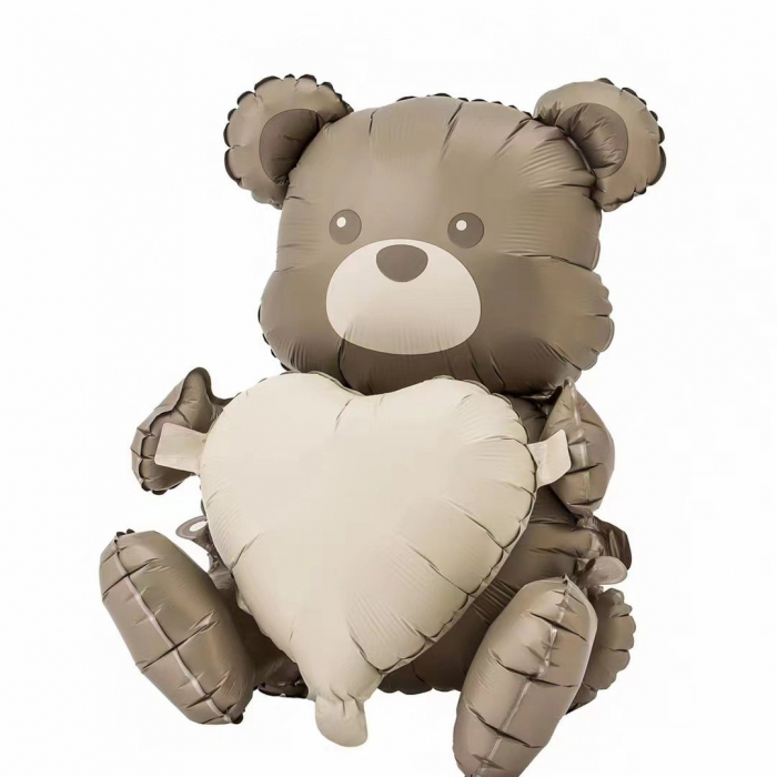 Balon din Folie Metalizata, Flippy, Figurina Animata, Model Ursulet cu Inima, 65x65 cm, Ambalaj Individual, Pai Inclus, Umflare cu Aer sau Heliu, Maro [1]