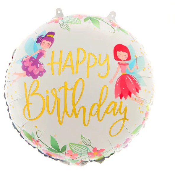Balon din Folie Metalizata, Flippy, Figurina Cerc, Model Happy Birthday cu Zane, Tematica Aniversare, 45 cm, Ambalaj Individual, Pai Inclus, Umflare cu Aer sau Heliu, Multicolor [1]